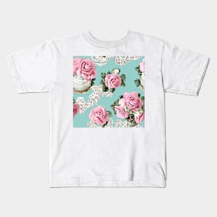French roses and lace on duck egg Kids T-Shirt